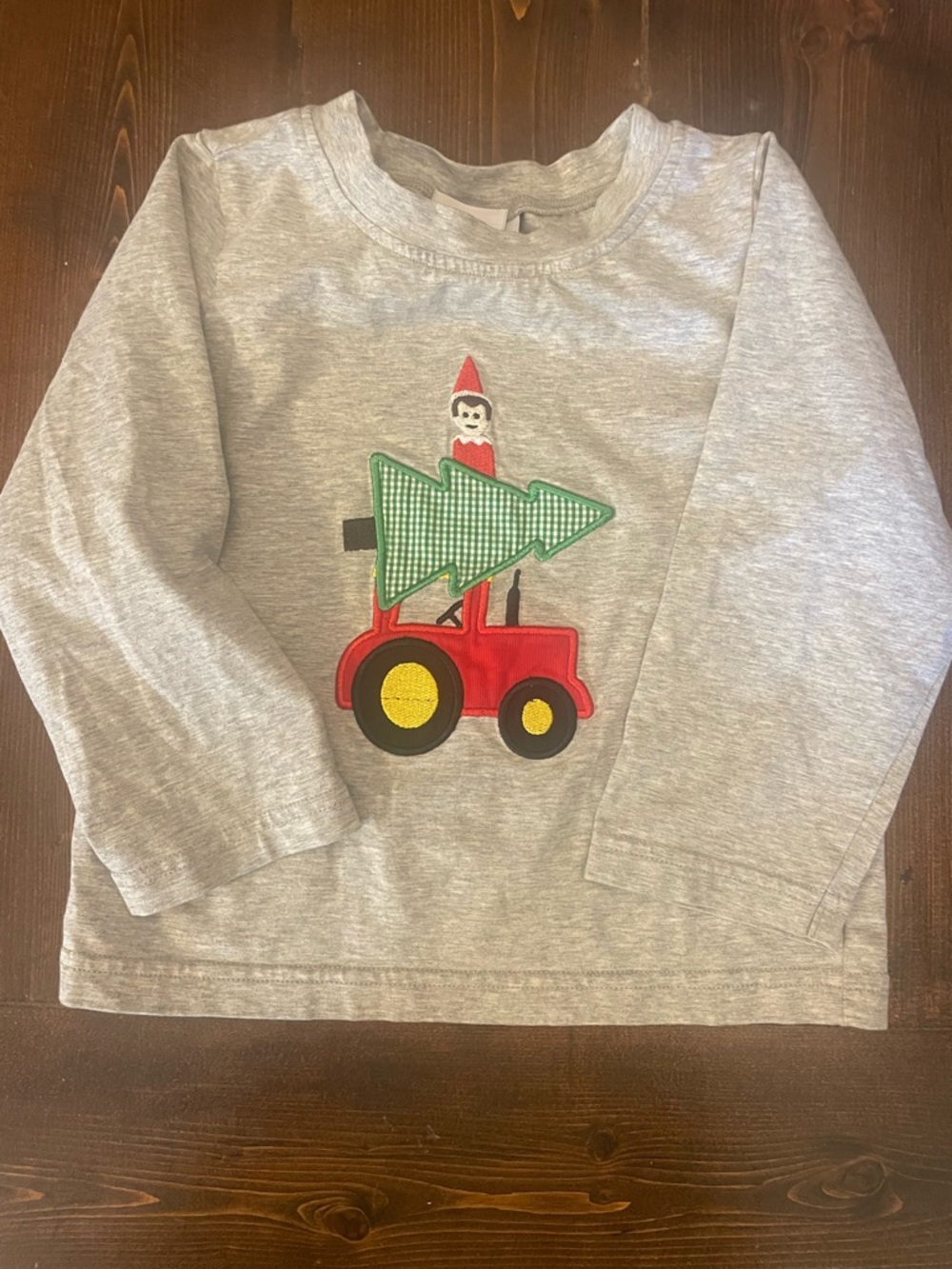 Children's Grey Long-Sleeve Tee with Red Tractor and Green Tree Applique